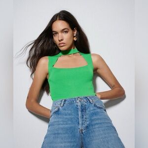 NWOT ZARA Green Knit Cutout Top. Size M